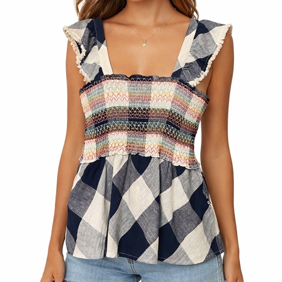 THML Tops - THML Cotton Smocked Bodice Fringe Trim Embroidered Gingham Plaid Sleeveless Top